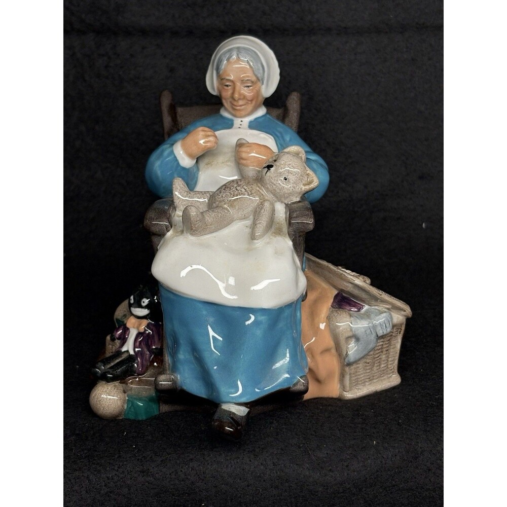 Royal Doulton England Nanny Figurine Old Woman Rocking Sewing Teddy Bear HN2221